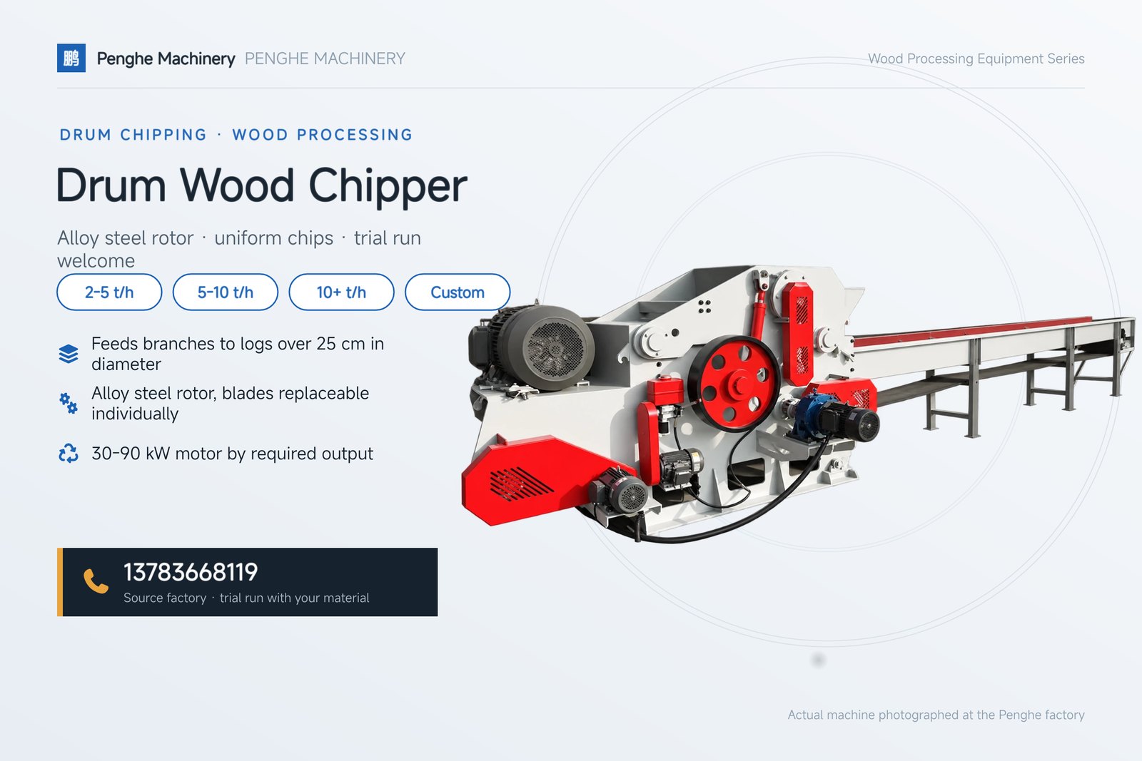 Penghe Machinery drum chipper, feeding aperture from branches to logs over 25cm in diameter