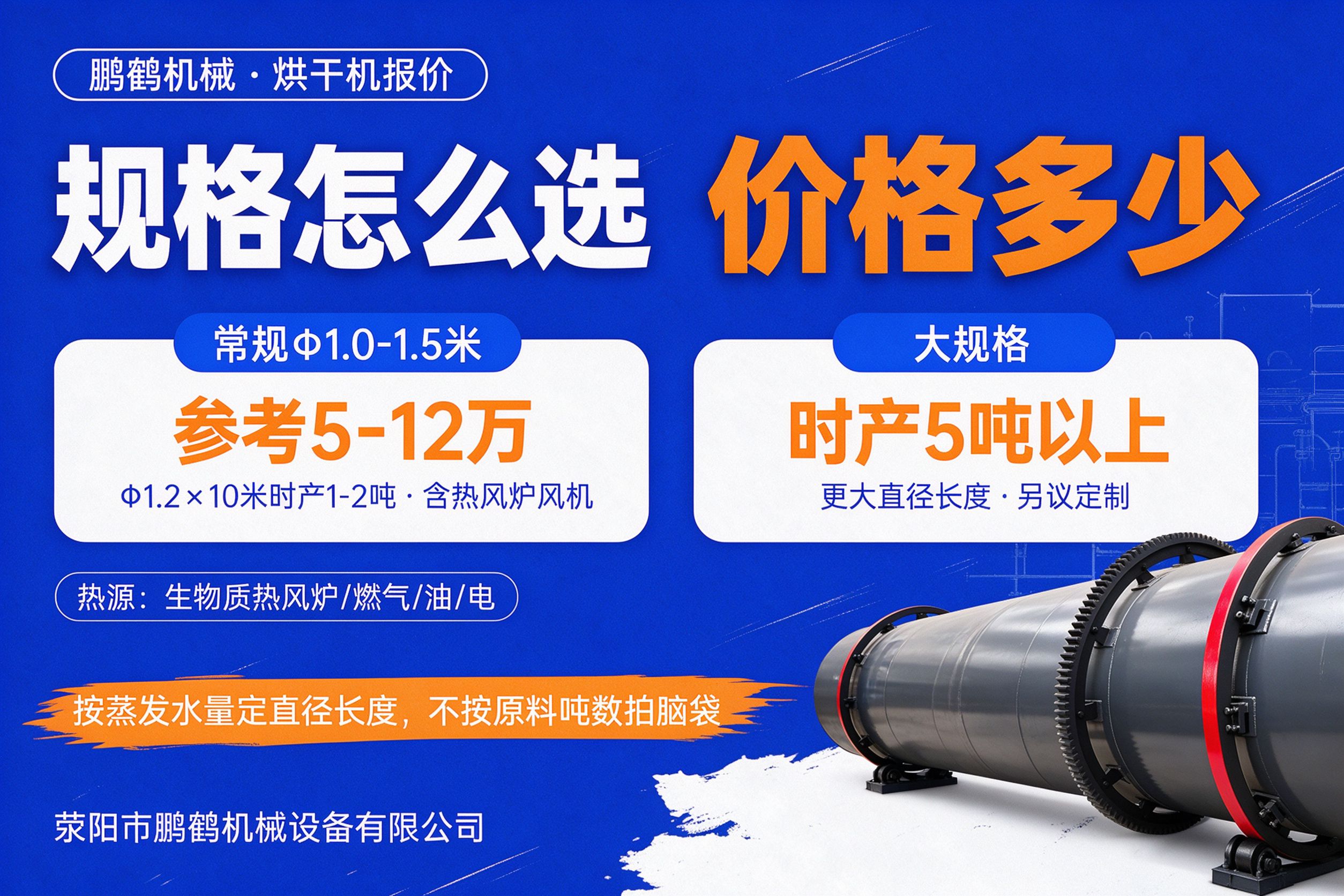 滚筒烘干机规格价格 Φ1.0-1.5米5-12万时产1-2吨