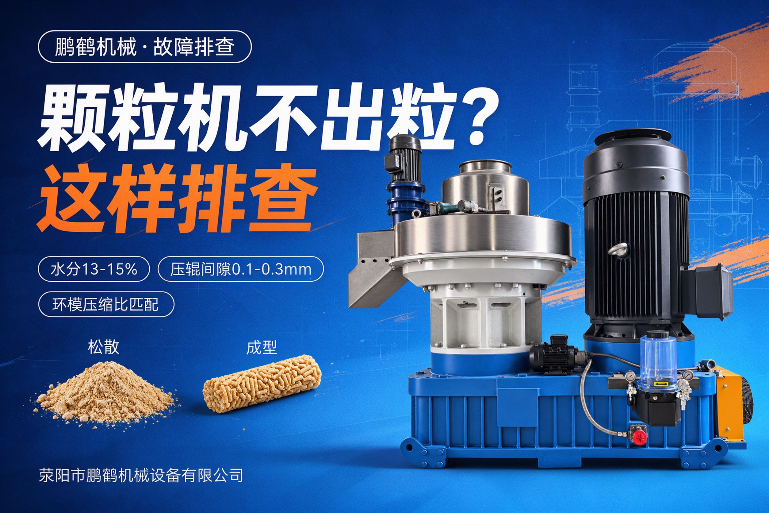 颗粒机不出粒、松散、成型率低怎么办？含水率、压辊间隙、环模压缩比与堵机故障排查