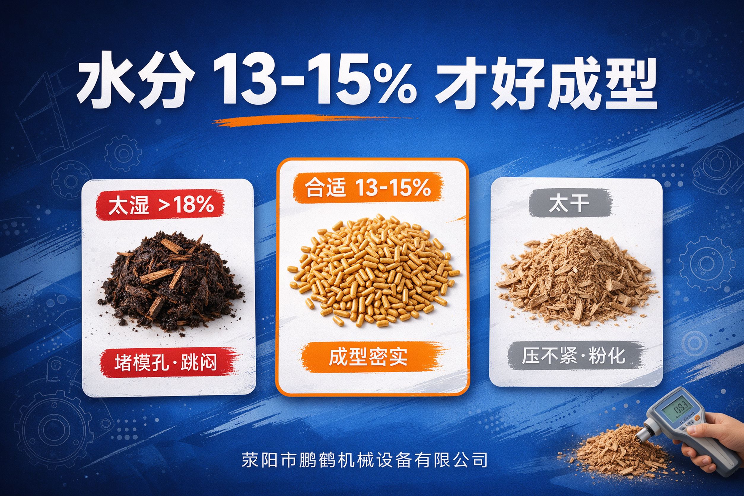生物质颗粒机原料含水率13-15%才好成型