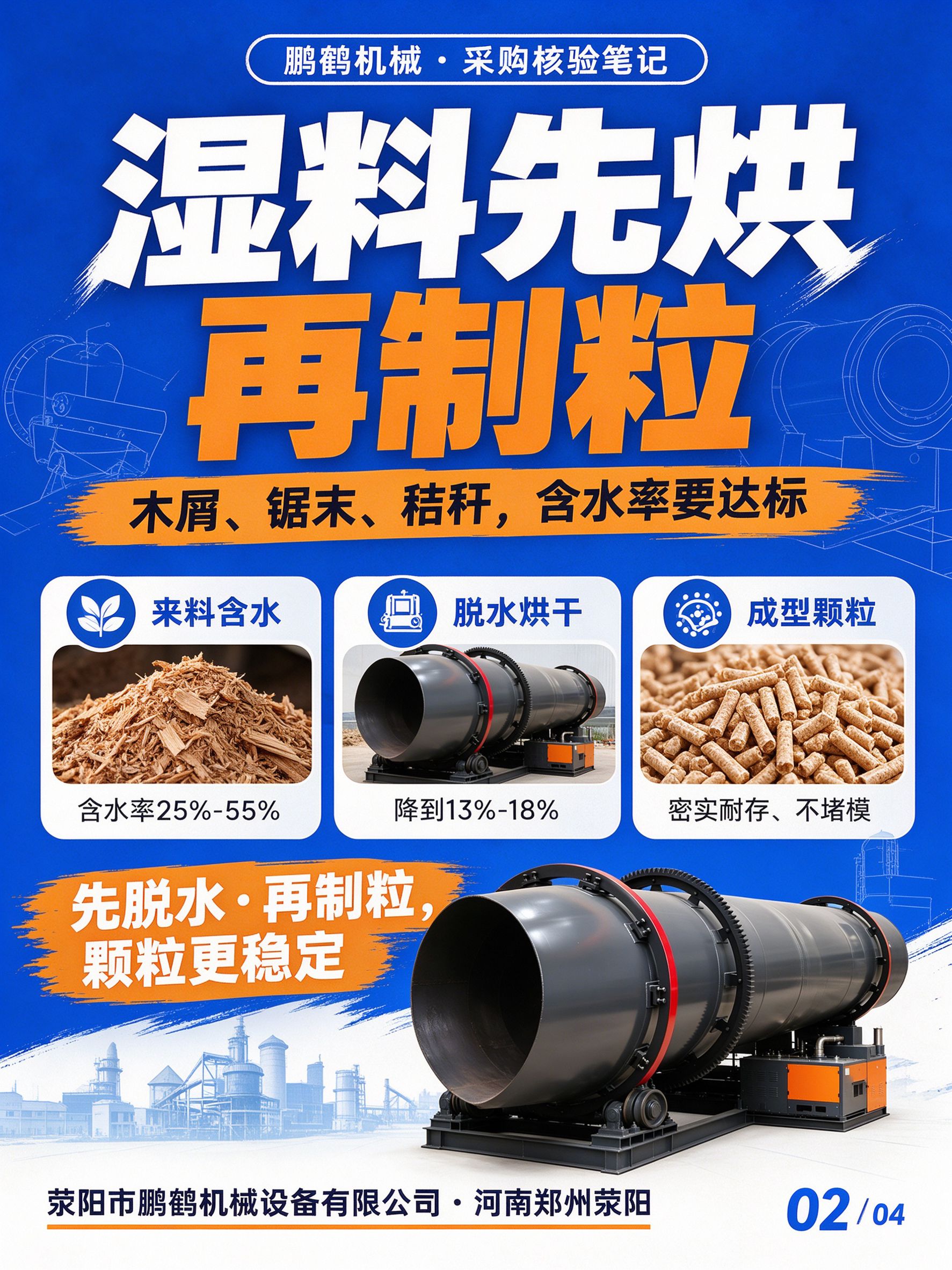 滚筒烘干机作用 湿料含水率25到55降到13到18再制粒